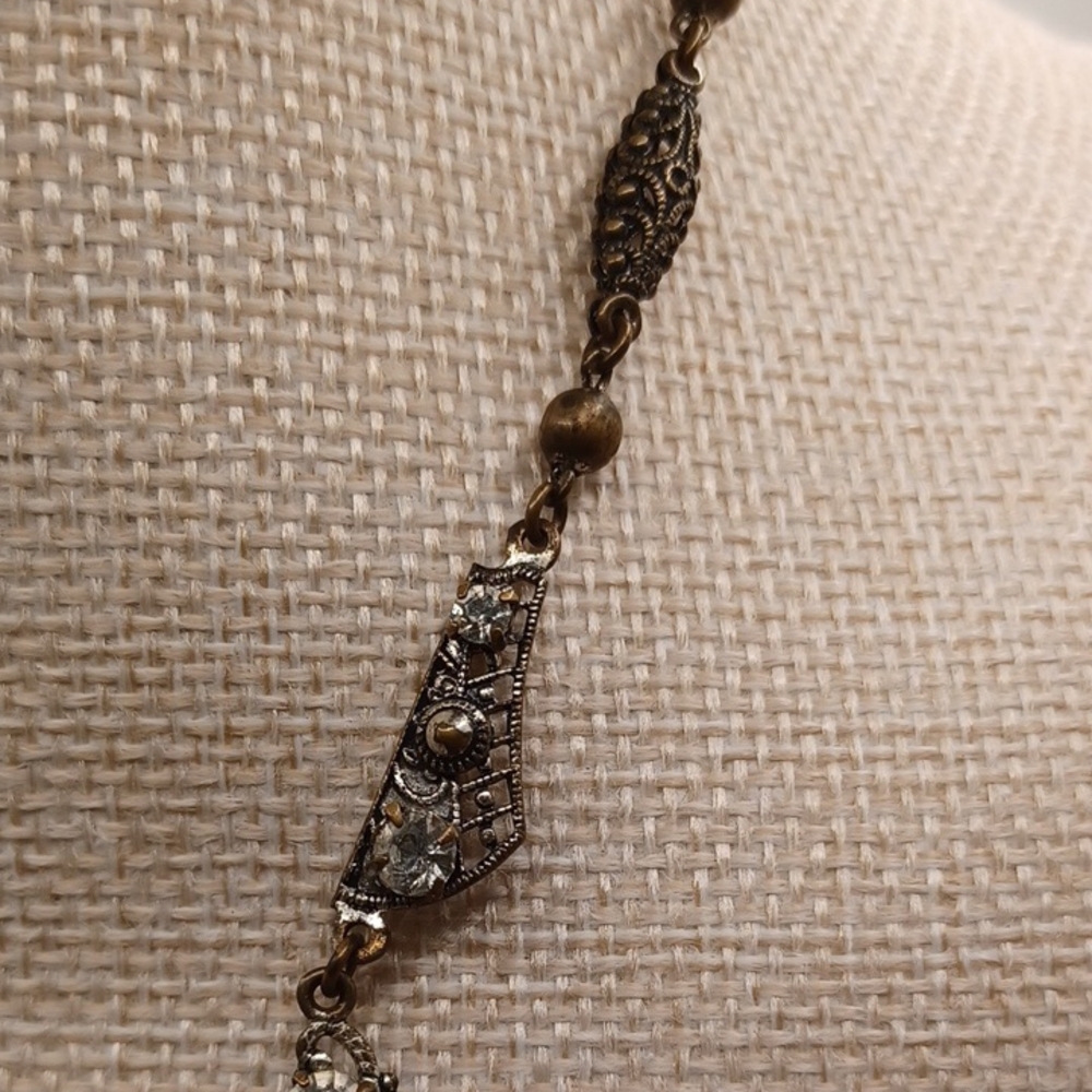 Western Germany Clear Rhinestone and Filigree Pearl Necklace - Picture 11 of 12